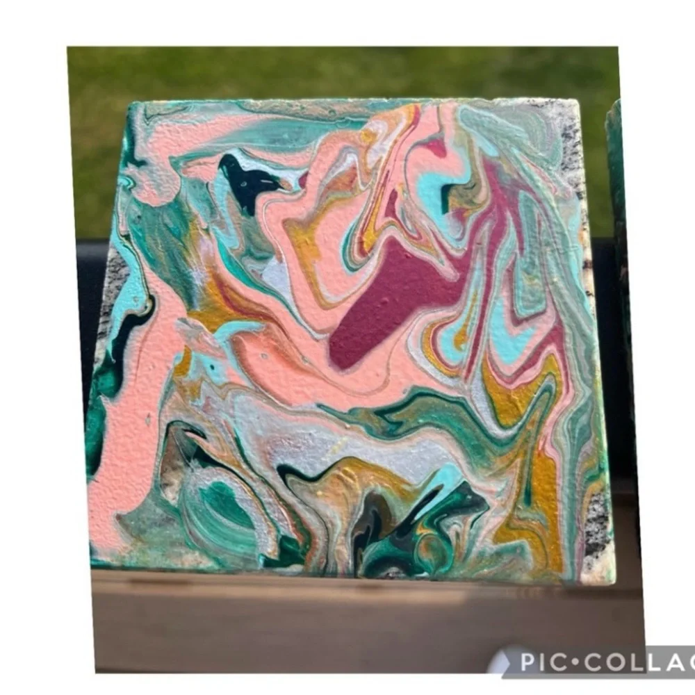 Handmade Acrylic Pour Art Coasters Set of 2 Abstract Marble Resin Look 4x4